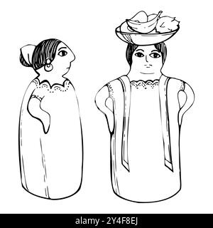Mexikanische spanische Porzellan Puppe Tischdekoration Figur, Obstkorb Hut, Blumenschmuck Dekoration. Handgezeichneter Tintenvektor isolierte Illustration Stock Vektor