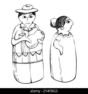 Mexikanische spanische Porzellan Puppe Tischdekoration Figur mit Blumendekoration, Kürbisvase, Hut. Handgezeichneter Tintenvektor isolierte Illustration Stock Vektor