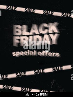 Abstrakter SCHWARZER FREITAG-Text mit verschwommenem Effekt, umgeben von horizontalen VERKAUFSSTREIFEN auf dunklem Hintergrund. Stockfoto