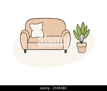 Sofa mit Kissen und einer Innenblume im Topf, gemütliche Inneneinrichtung, flaches Design in Beigetönen. Handgezeichnete Umrisszeichnung. Vektorabbildung Stock Vektor