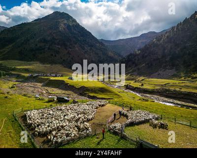 Département Hautes-Pyrenäen (Oberpyrenäen, Südwestfrankreich): Atmosphäre am Ende der Wanderschaft, vor Herbst, im Moudang-Tal, Oberteil Stockfoto