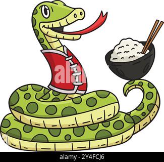 Jahr der Schlange mit Bowl Rice Cartoon Clipart Stock Vektor