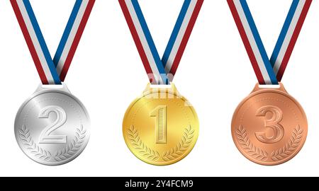 Goldene, silberne, bronzene Sportmedaille auf Band realistische Vektor-Illustration. Medaillen für Sieger und Sieger mit Lorbeerkranz Stock Vektor