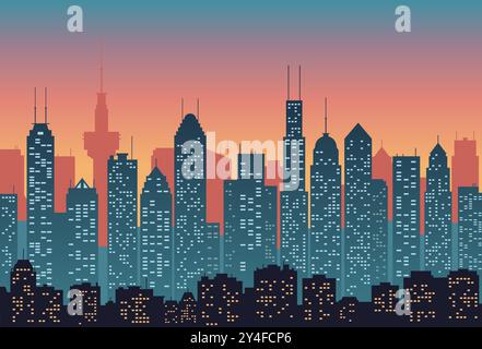 Vektor-Illustration der Stadt bei Sonnenuntergang. Silhouette von Gebäuden mit hellen Fenstern in dunklen Farben, flacher Stil. Abstrakter urbaner Hintergrund. Stock Vektor