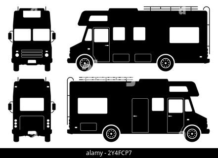 Wohnmobil-Silhouette auf weißem Hintergrund. Die Fahrzeugsymbole bestimmen die Ansicht von der Seite, von vorn und hinten. Stock Vektor