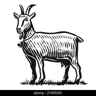 Junge Ziege weidet auf der Wiese. Skizze für Nutztiere. Hand gezeichnet Vektor Illustration Gravur Stil Stock Vektor