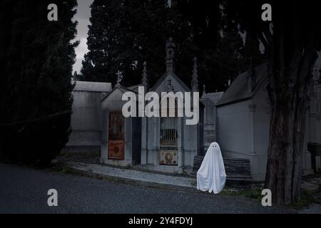 Ein gruseliger Frauengeist von einem alten Friedhof sitzt in einer Vollmondnacht auf einer Bank. Der Geist wurde zum Teil durch künstliche Intelligenz erzeugt. Stockfoto