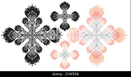 Vektor-Satz von ornamentalen blumigen zarten bunten und monochromen Cliparts isoliert von weißem Hintergrund. Dekorative, verzierte Blumenschilder und Mandalas Stock Vektor