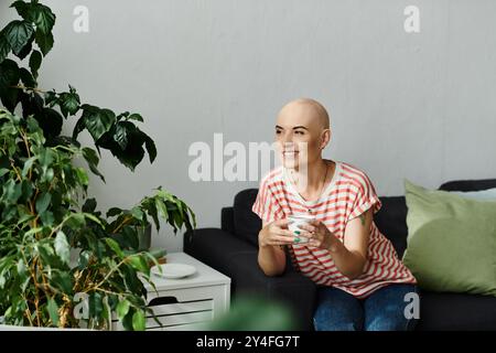 Eine fröhliche kahlköpfige Frau entspannt sich auf einer Couch, hält eine Tasse, inmitten üppiger Zimmerpflanzen und sanfter Einrichtung. Stockfoto