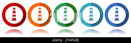 Leuchtturm, Navigation, Meeresvektorsymbole, flaches Symbolset für Logo-Design, Webdesign und mobile Anwendungen, farbenfrohe Webbutton-Kollektion in eps 10 Stock Vektor