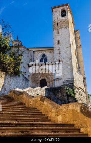 Eine Treppe führt zum Eingang der Kirche San Pedro de la Rúa mit ihrem rechteckigen Turm. Estella, Navarra, Spanien. Stockfoto