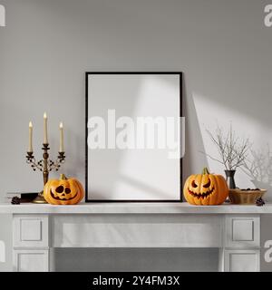 3D-Rendering von Halloween-Dekor mit leerem Bilderrahmen, Kürbissen und Kerzen auf weißem Mantel in minimalistischem Interieur Stockfoto