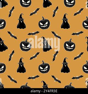 Gruseliges Halloween-orangefarbenes Muster mit gruseligem Kürbis, Geist in Zaubermütze und Fledermaus, in handgezeichnetem Doodle-Stil. Für Hintergrund, Hintergrund, Verpackung. Vec Stock Vektor