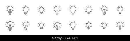 Symbole für die Ideenlinie der Glühlampe. Vektor-elektrische Energielampen und -Glühbirnen isolierte Symbole für kreative Lösungen, Ideen, Innovationen und Inspirationskonzepte. Schilder mit dünnen, leuchtenden Glühlampen Stock Vektor