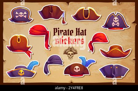 Piraten- und Korsair-Tricorn-Hüte-Aufkleber-Pack. Cartoon-Vektor-Patches mit Kapitän, Filibuster-Cocked-Hüten, Matrosen-Bandana, Freibeuter-Kopfbedeckung oder Kopfschals, rover-Cap mit Federn und Jolly rogers Stock Vektor