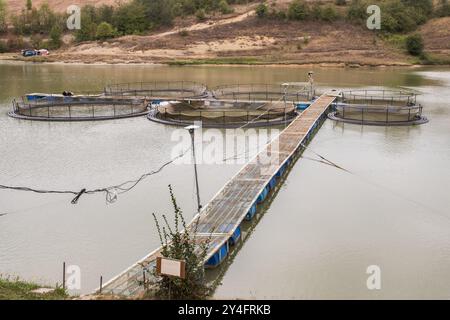 Fischfarm in der Nähe des ländlichen Sees Stockfoto