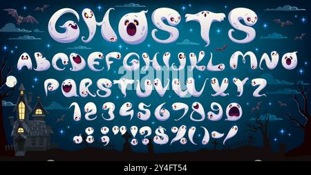 Zeichentrickfilm gruselige Halloween-Geister-Schriftart oder gruselige Schrift und Horror-böse Schrift, Vektor-lustiges Monster-Alphabet. Gruseliges Alphabet für Halloween mit niedlichen Geisterfiguren für gruselige Schrift Stock Vektor