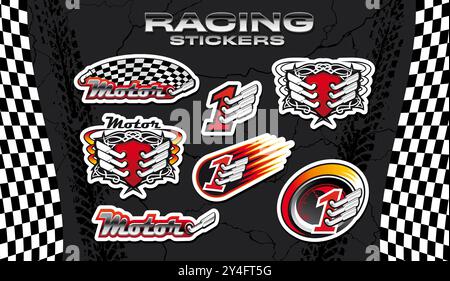Rennsport-Aufkleber-Paket mit Vektoraufnähern für Motorsport, darunter karierte Fahnen, Flügel, Motoren und die Nummer eins, zeigen Geschwindigkeit, Kraft und Sieg mit auffälligen Farben und dynamischen Elementen Stock Vektor