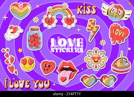 Retro y2k Groovy Love Stickers Pack. Lebendige Herzen im Glas, Friedenszeichen, Regenbogen- und emotionale Ausdrücke, Gänseblümchen und Mund mit nostalgischem Touch. Vektorflicken mit verspielter, romantischer Atmosphäre Stock Vektor