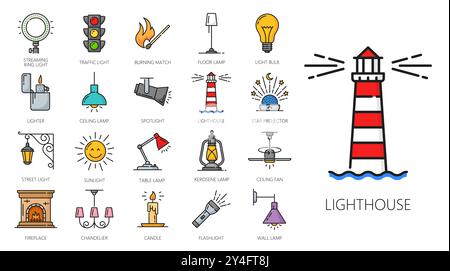 Leuchten und Lampen Farblinien Symbole von Laterne und Glühbirne, Leuchtturm und Kerze, linearer Vektor. Kronleuchter Decken- oder Stehlampe, brennender Streichholz und Kamin mit Ampeln oder Scheinwerfersymbol Stock Vektor