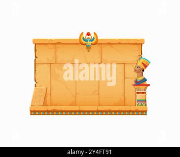 Arcade-Spielrahmen, altes Ägypten oder alte ägyptische Steinmauer und Papyrus, Vektor-GUI-Schnittstelle. Ägypten Adventure Arcade Spiel Steinmauer für Level Menü Tasten Hintergrund mit Scarab und Nefertiti Stock Vektor