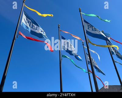 Pier 39 Flaggen, die im Wind wehen. Stockfoto