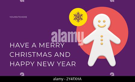 Frohe Weihnachten lila dekorative Banner Vorlage mit Lebkuchenmann und Schneeflocke 3D Icon Vektor Illustration. Happy Xmas feiert festliche Kongratation Stock Vektor