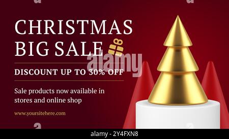Weihnachten großer Verkauf horizontale rote Banner Vorlage goldene metallische Fichte auf Sockel realistische 3D Icon Vektor Illustration. Weihnachten, Winter, saisonale Disco Stock Vektor