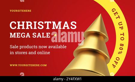 Weihnachten Mega Verkauf Premium rote Web-Banner Vorlage goldene Fichte 3D Symbol realistische Vektor-Illustration. Neujahr saisonale Rabatteinkäufe Sonderangebot o Stock Vektor