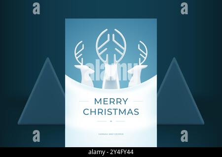 Happy New Year Grußkarte Gehörnte Hirsch Ornament Kugel realistische 3D Icon Vektor Illustration. Fröhliche Weihnachten Glückwunschposter traditioneller Sieg Stock Vektor