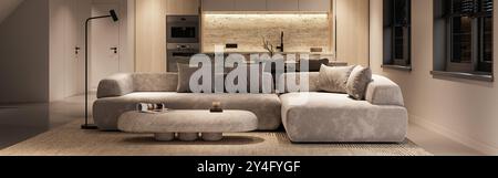 Modernes und stilvolles Wohnzimmer mit gemütlichem Sofa und Umgebungsbeleuchtung für Entspannung, 3D-Rendering Stockfoto