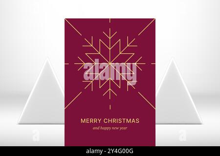 Weihnachten Glückwunsch burgunderrote dekorative Grußkarte goldene ornamentale Schneeflocke Vektor Illustration. Fröhliche Weihnachten Kristalldesign Poster Tradition Stock Vektor