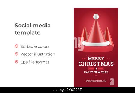 Rote klassische Merry Christmas Social Media Stories Vorlage Santa Claus Kappe Kegel Form auf Podium realistische 3D Icon Vektor Illustration. Frohes neues Jahr c Stock Vektor