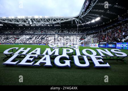 Turin, Italien. September 2024. Das UEFA Champions League-Zeichen wird vor dem UEFA Champions League-Spiel zwischen Juventus FC und PSV Eindhoven am 17. September 2024 im Allianz-Stadion in Turin, Italien, ausgestellt Stockfoto