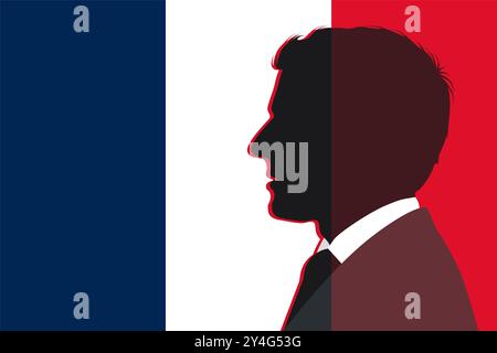 Silhouette von Emmanuel Macron auf französischer Flagge. Präsident Frankreichs. Gesicht Silhouette auf französischer Flagge. Redaktionelle Illustration. Stockfoto