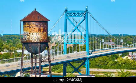 Luftaufnahme des Rosted Water Tower und der Blue Suspension Bridge in Toledo, Ohio Stockfoto