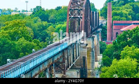 Blick aus der Vogelperspektive auf die Rosted Railway Bridge über die üppige Landschaft in Nashville Stockfoto