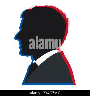Silhouette von Emmanuel Macron auf der französischen Flagge. Präsident Frankreichs. Gesichtssilhouette isoliert auf weißem Hintergrund. Redaktionelle Illustration. Stockfoto