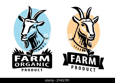Porträt einer süßen Ziege, eines Abzeichens für Nutztiere oder eines Etiketts. Embleme Zeichen für Verpackung, Vektorillustration Stock Vektor