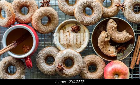 Von oben nach unten sehen Sie mehrere Chai-Obstgarten-Donuts, die mit Zimtzucker überzogen sind. Stockfoto