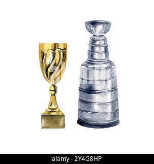 Eishockey Silver und Golden Cup Auszeichnungen in einem Hockeyspiel, Wasserfarben glänzende Trophäen, handgezeichnete Illustration des Siegerpreises im Sport, Erfolg im Champions Stockfoto