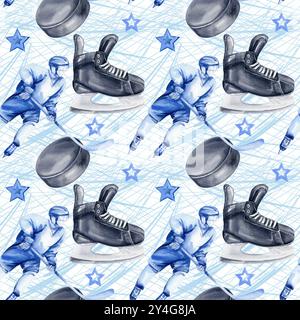 Hockeyspieler mit Stöcken in Bewegung mit Puck, Stars und schwarze Schlittschuhe auf hellen Aquarellspots und Skatebahnen auf dem Eis, handgezeichnete Illustration Stockfoto