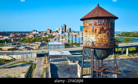 Aus der Vogelperspektive des Rosted Water Tower und der Skyline von Toledo mit Blick auf den Maumee River Stockfoto
