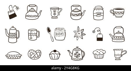 Set mit „Cozy Herbsttee Pot and Cup Doodle Sketch“-Symbolen Stock Vektor