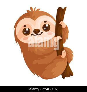 Niedliche Faultier-Illustration, die an einem Baumzweig hängt, perfekt für Kindermotive, Projekte mit Tiermotiven oder verspielte Drucke. Stock Vektor