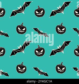Muster mit Halloween Fledermaus und gruseligem Kürbis auf grün-blauem Hintergrund. Vektorabbildung Stock Vektor