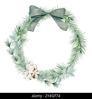 Aquarellillustration eines Weihnachtskranzes aus Tannenzweigen, Eukalyptus und Baumwolle. Stockfoto