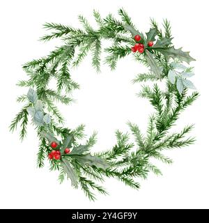 Aquarellillustration eines Weihnachtskranzes aus Tannenzweigen, Eukalyptus und stechpalme mit Beeren. Stockfoto