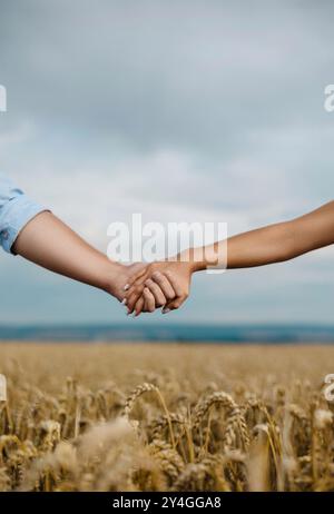 Ein Paar spaziert Hand in Hand durch ein goldenes Weizenfeld und hält einen friedlichen und romantischen Moment fest. Ideal für Themen wie Liebe, Verbindung und Ruhe Stockfoto