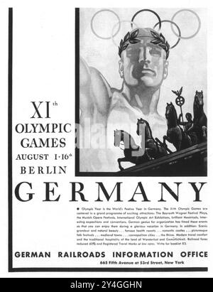 1936 Deutsche Eisenbahninformationsstelle Ad - 11. Olympische Spiele August 1-16 Berlin Stockfoto